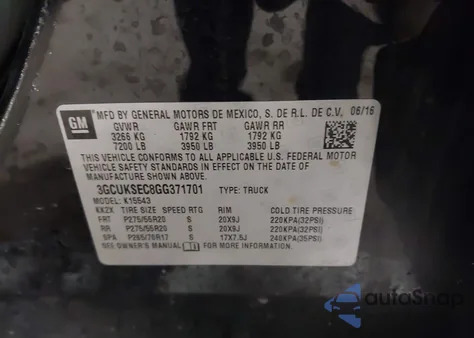 2016 Chevrolet Silverado 1500 1Lz из США, поврежденный, VIN 3GCUKSEC8GG371701